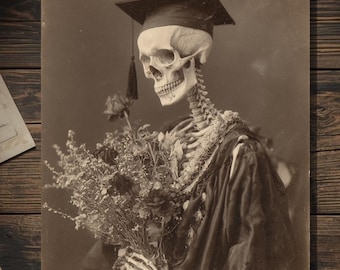 Vintage Victorian Skeleton Graduate with Flowers Graduation Card Gothic Macabre Art Antique Style Photography Blank Inside