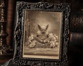 Vintage Victorian Bat with Baby Chicks Wall Print Gothic Easter Portrait Antique Style Art