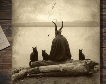 Vintage Victorian Halloween Card Devil By Lake Black Cats Gothic Antique Style Photography Blank Inside