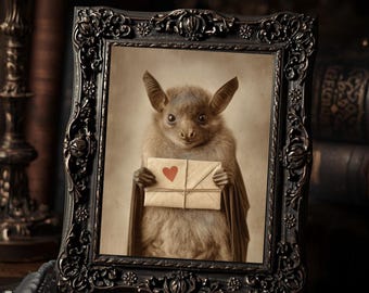 Cute Gothic Bat With Love Letter Dark Valentine Antique Style Art Print  Creepy Romantic Wall Decor