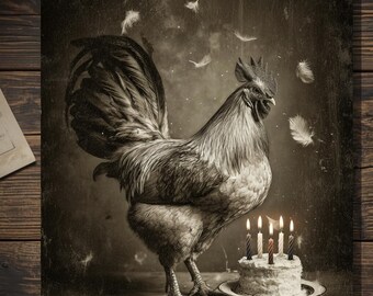Victorian Gothic Rooster Birthday Cake Greeting Card Dark Antique Farm Humor