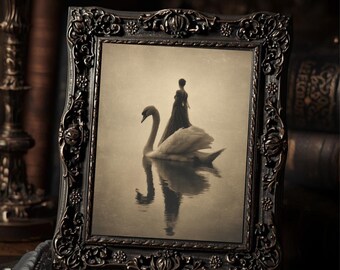 Vintage Victorian Woman on Swan Print Gothic Elegant Wall Art Antique Style Photography Dark Whimsical Decor