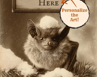 Personalized Vintage Victorian Bat Christmas Print Custom Message Winter Wall Art Cute Holiday Bat Gift
