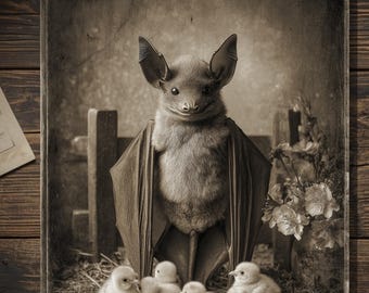 Vintage Victorian Bat With Baby Chicks Easter Card Gothic Antique Style Art Blank Inside