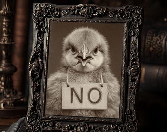 Angry Gothic Chicken NO Sign Dark Cute  Art Print Sepia Vintage Macabre Funny Wall Decor