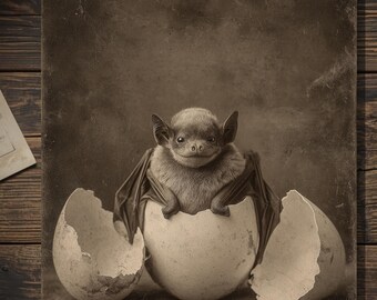 Vintage Victorian Bat Hatching from Easter Egg Card Gothic Antique Style Portrait Blank Inside