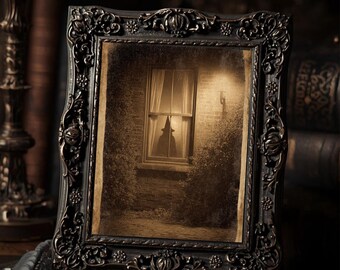 Witch In The Window Gothic Halloween Wall Art Print  Sepia Vintage Creepy Witch Silhouette Haunted Spooky Decor