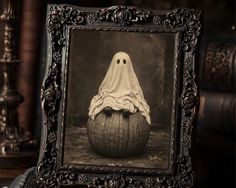 Vintage Victorian Ghost Pumpkin Halloween Art Print Spooky Antique Style Photography Gothic Autumn Wall Decor