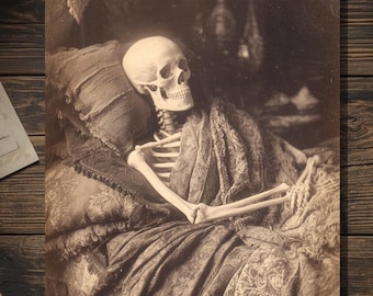 Victorian Skeleton in Bed Thinking of You Card Gothic Antique Cabinet Card Macabre Sepia Blank Inside