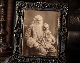 Demon Child with Santa  Art Print Gothic Christmas Vintage Creepy Holiday Wall Art Sepia Spooky Photography