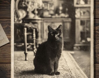 Vintage Victorian Black Cat In Parlor Halloween Card Gothic Witchy Spooky Antique Style Photography Blank Inside