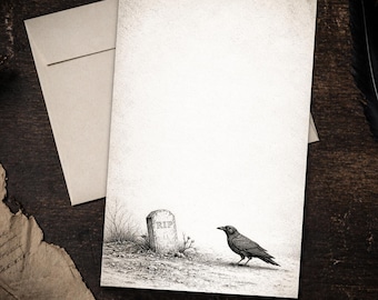 Gothic Crow Stationery 5.5 x 8.5 Letter Writing Paper Dark Academia Raven Cemetery Victorian Mourning Paper Set