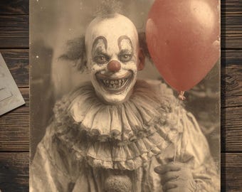 Vintage Victorian Creepy Clown Balloon Birthday Card Gothic Horror Macabre Antique Style Photography Blank Inside