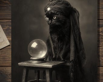 Victorian Black Cat Fortune Teller Gothic Animal Greeting Card Mysterious Occult Crystal Ball