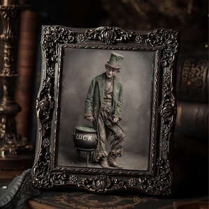 May include: A framed portrait of a man in a green coat and top hat holding a pot labeled "LUCK" filled with green objects. The ornate, dark-colored frame sits on a stack of old books, creating a vintage aesthetic.