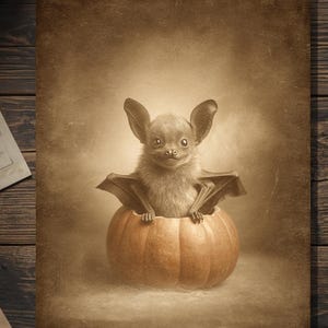 May include: A sepia-toned image features a small, fluffy bat with large ears and outstretched wings, nestled inside a carved orange pumpkin. The bat has a friendly expression. The background is a soft, blurred sepia.