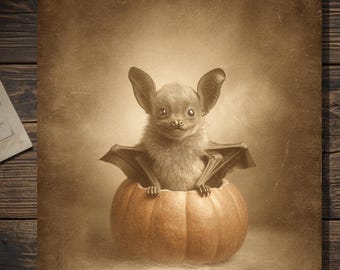 Vintage Victorian Pumpkin Bat Halloween Card Gothic Antique Style Photography Blank Inside