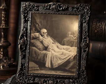 Reclining Skeleton Gothic Art Print  Vintage Style Macabre Romantic Victorian Mourning Wall Decor