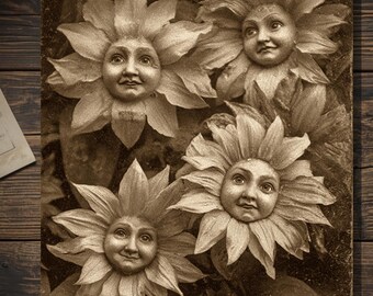 Vintage Victorian Sunflower Faces Card Gothic Surreal Art Antique Style Photography Blank Inside