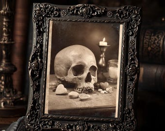 Gothic Skull With Candy Hearts Dark Romantic Sepia Vintage Oddities  Art Print Macabre Valentine Wall Decor