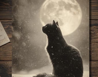 Black Cat Under Full Moon Yule Christmas Card Pagan Witchy Winter Solstice Art Sepia Cabinet Card Style Blank Inside