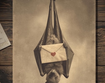 Vintage Victorian Bat Holding Love Letter Card Gothic Valentine Love Art Antique Style Photography Blank Inside