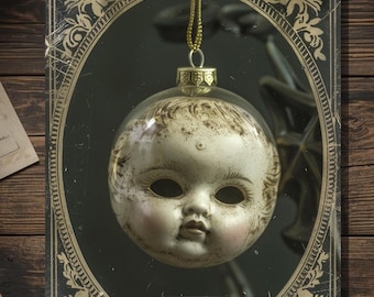 Vintage Victorian Creepy Doll Face Ornament Christmas Card Gothic Holiday Art Antique Style Photography Blank Inside