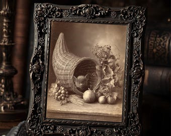 Vintage Gothic Thanksgiving Bat Print Victorian Style Harvest Cornucopia  Wall Art