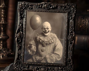 Vintage Victorian Creepy Clown With Balloon Gothic Dark Horror  Art Print Antique Style Macabre Wall Decor
