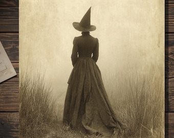 Witch In The Fog Gothic Halloween Greeting Card Vintage Sepia Witch Photograph Spooky Moody Stationery Blank Inside