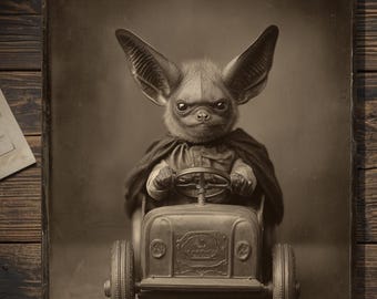 Bat Driving Toy Car Victorian Style Cute Brown Bat Gothic Funny Greeting Card 5x7