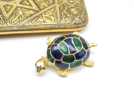 Vintage Green Blue Enamel Gold Tone Turtle Brooch… - image 1