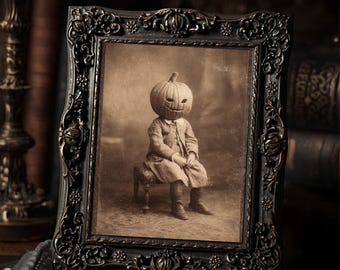 Vintage Victorian Pumpkin Head Child Portrait Gothic Halloween Wall Art Creepy Antique Style Print