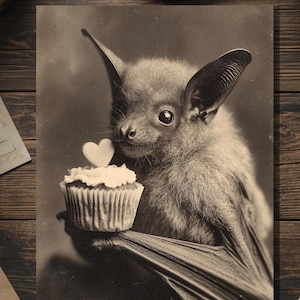 Vintage Victorian Bat Holding Cupcake with Heart Love Card Gothic Valentine Art Antique Style Photography Blank Inside