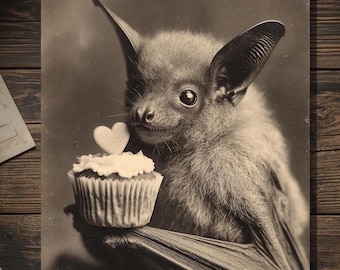 Vintage Victorian Bat Holding Cupcake with Heart Love Card Gothic Valentine Art Antique Style Photography Blank Inside