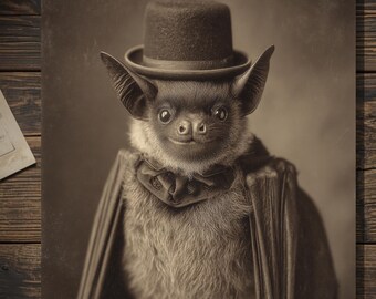 Victorian Bat Gentleman Greeting Card Antique Style Sepia Bat Portrait Gothic Animal Art