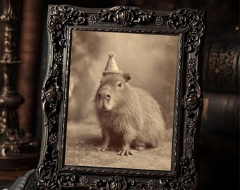 Victorian Capybara Wearing Party Hat Funny Birthday Animal Art Print Gothic Whimsy