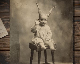 Vintage Victorian Horned Devil Baby Card Gothic Macabre Mothers Day Fathers Day Antique Style Photography Blank Inside