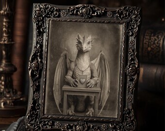 Vintage Dragon Holding Heart Card Valentine Print Gothic Fantasy Art Antique Style Wall Decor