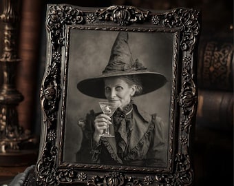 Gothic Witch With Martini Vintage Style Halloween Art Print  Dark Victorian Witch Portrait Spooky Gothic Wall Decor