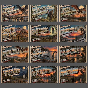 May include: A collection of twelve vintage-style postcards featuring cryptids and folklore locations. Each card displays a specific region, such as Point Pleasant or Lake Superior, with illustrated creatures like Mothman, Bigfoot, and the Jersey Devil.