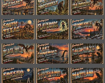 American Cryptid Postcard Set of 12 Vintage Mothman Bigfoot Jersey Devil Retro Travel Cards