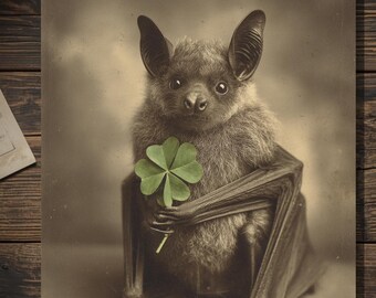 Bat Holding Clover Victorian Style Cute Brown Bat St Patrick's Day Irish Gothic Greeting Card 5x7