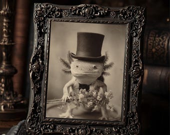 Axolotl In Top Hat Holding Flowers Victorian Animal Art Print Gothic Cabinet Card Style Weird Romantic Wall Art