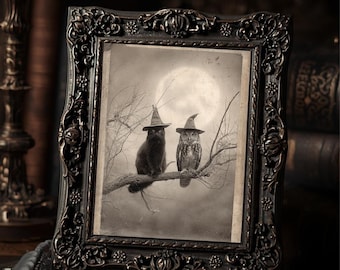 Vintage Victorian Black Cat and Owl Witch Gothic Halloween Forest Moon Antique Style Wall Art  Print