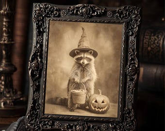 Vintage Raccoon Witch Wall Art Creepy Cute Gothic Halloween Print