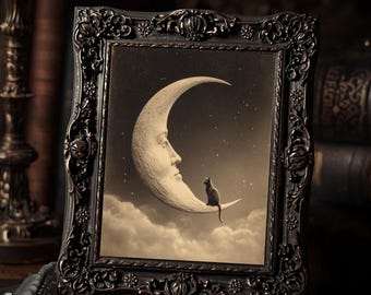 Vintage Victorian Crescent Moon And Black Cat Surreal Gothic Night Sky  Art Print Antique Style Witchy Wall Decor