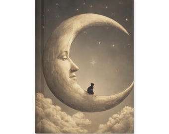 Vintage Crescent Moon Face Black Cat Gothic Celestial Journal Notebook