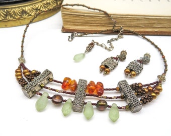 Retro Bronze Silver Green Sea Glass Orange Bead Boho Necklace Earrings Set N65