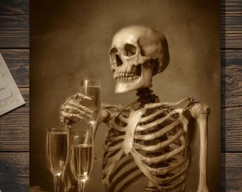 Vintage Victorian Skeleton Relaxed Champagne Divorce Card Gothic Dark Humor Art Antique Style Photography Blank Inside